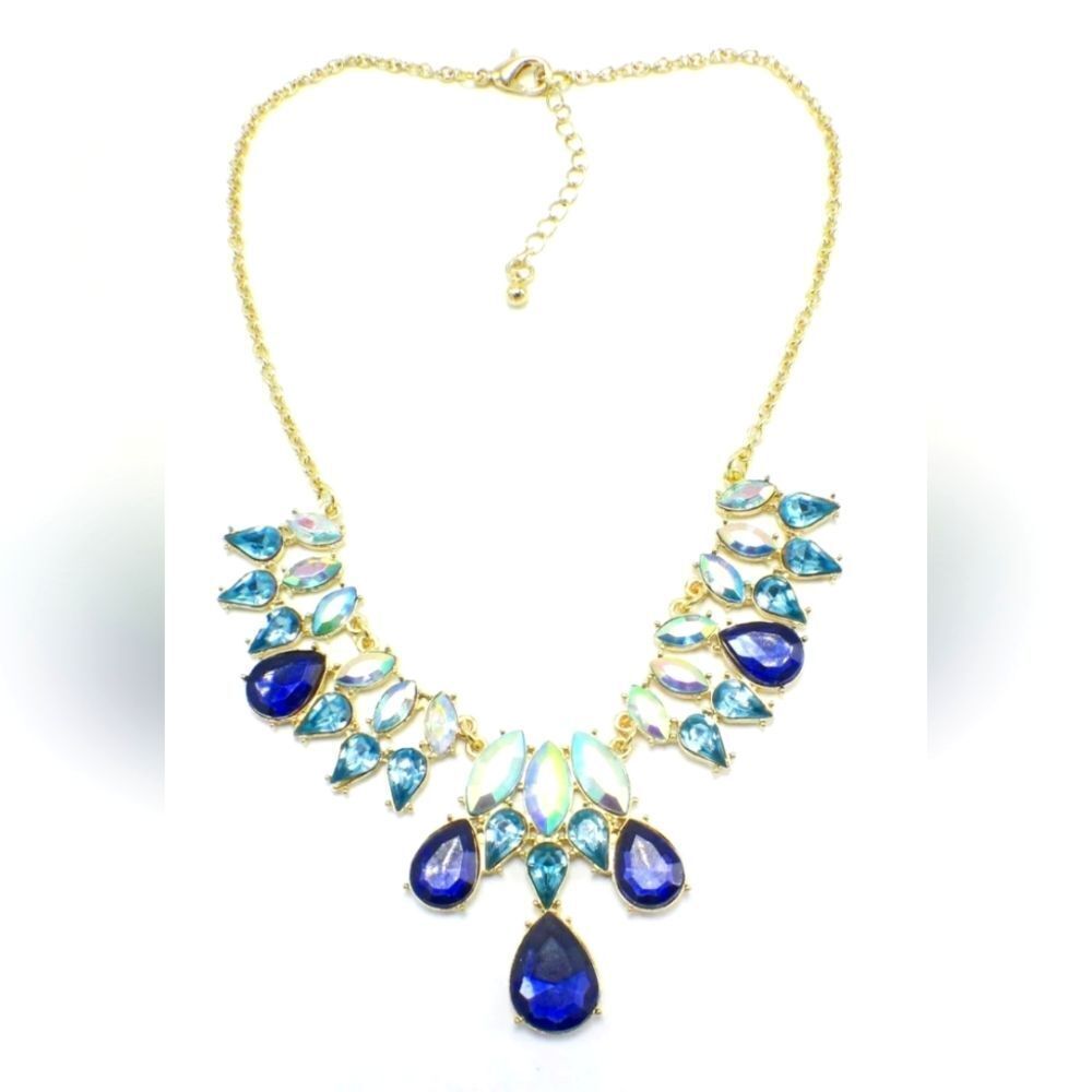Gorgeous Gold Iridescent Blue Stone Statement Necklace NWOT 16"+2"